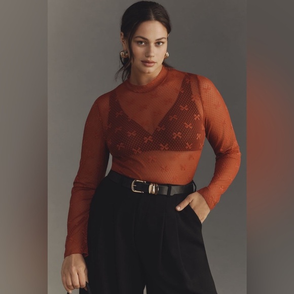 NWT! Anthropologie Maeve Red Bow Lace Turtleneck Top 🦖🦕 - Picture 1 of 10